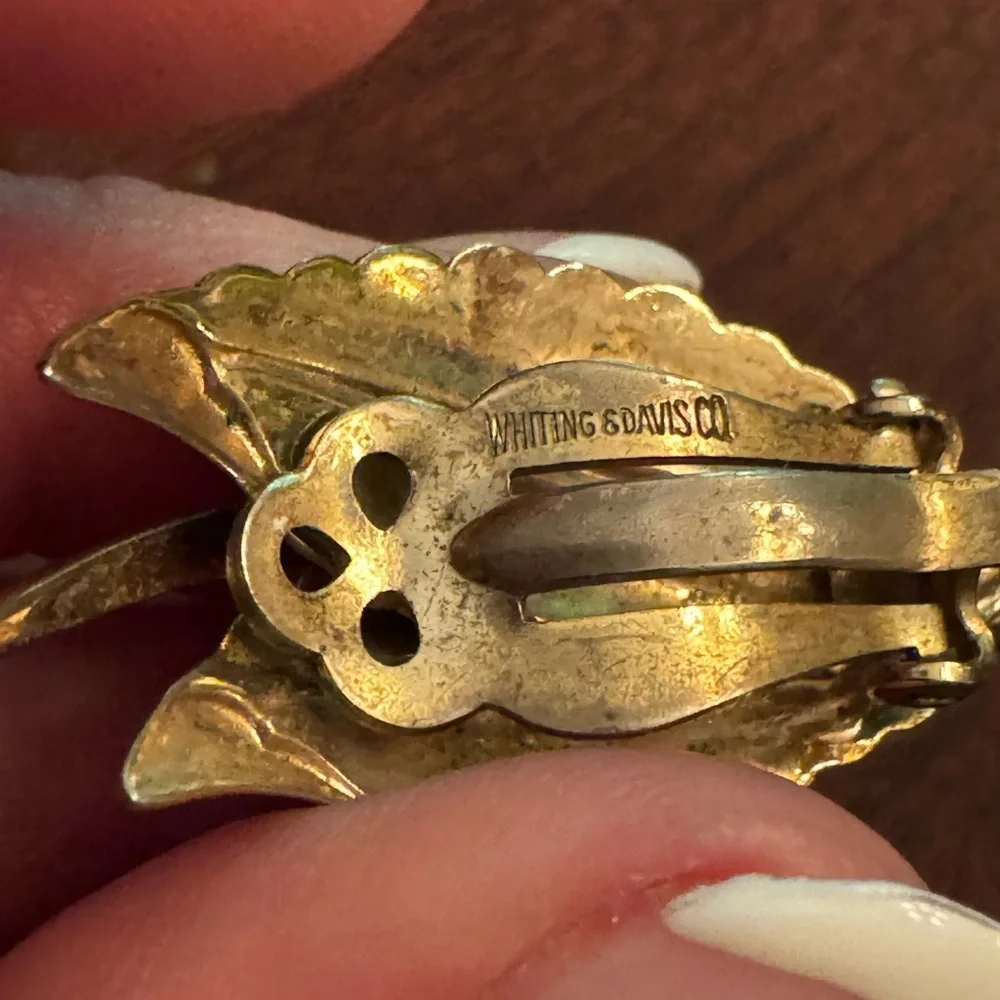 Whiting & Davis Vintage Leaf Design Earrings with Turquoise Accents - Picture 4 of 7